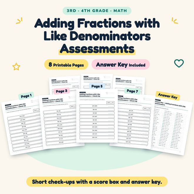 Adding Fractions with Like Denominators Assessments | 3rd–4th Grade — cover