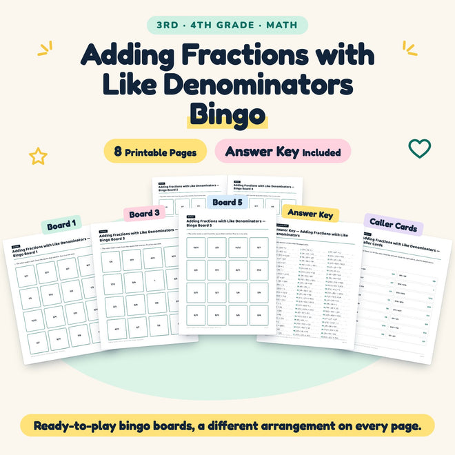 Adding Fractions with Like Denominators Bingo | 3rd–4th Grade — cover