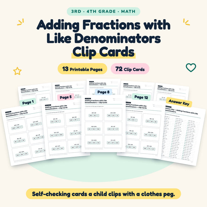 Adding Fractions with Like Denominators Clip Cards | 3rd–4th Grade — cover