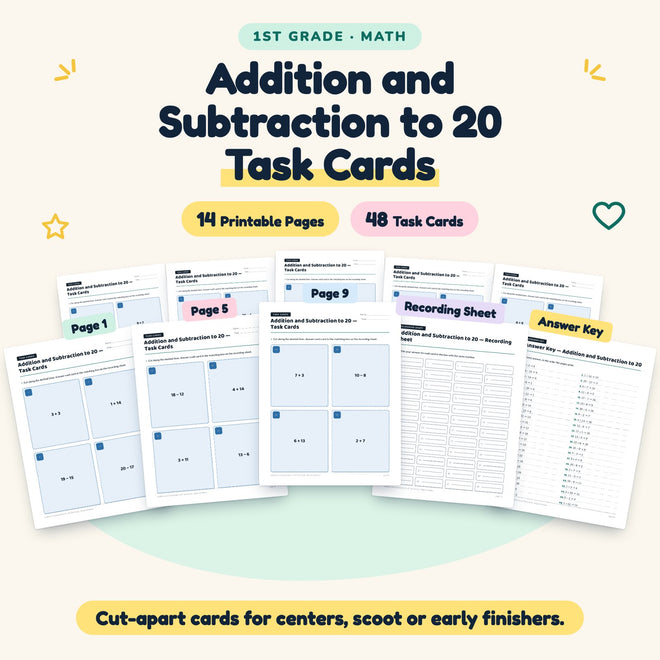 Addition and Subtraction to 20 Task Cards | 1st Grade Math — cover