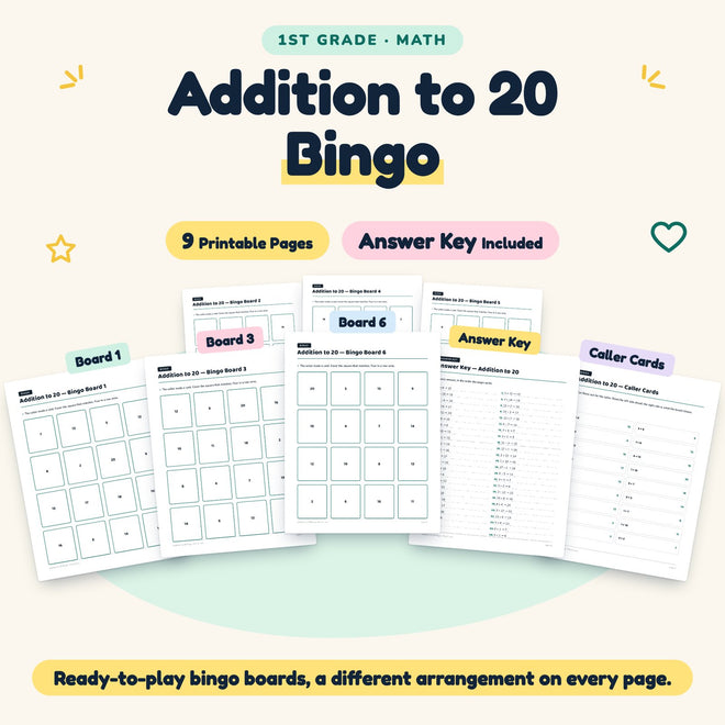 Addition to 20 Bingo | 1st Grade Math (9 Pages) — cover