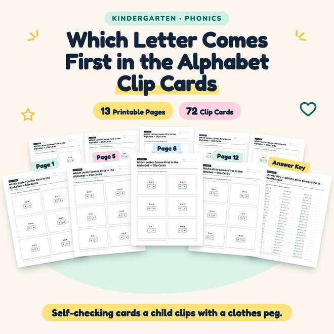 Which Letter Comes First in the Alphabet Clip Cards | Kindergarten — cover