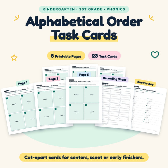 Alphabetical Order Task Cards | K–1st Grade (23 Cards) — cover