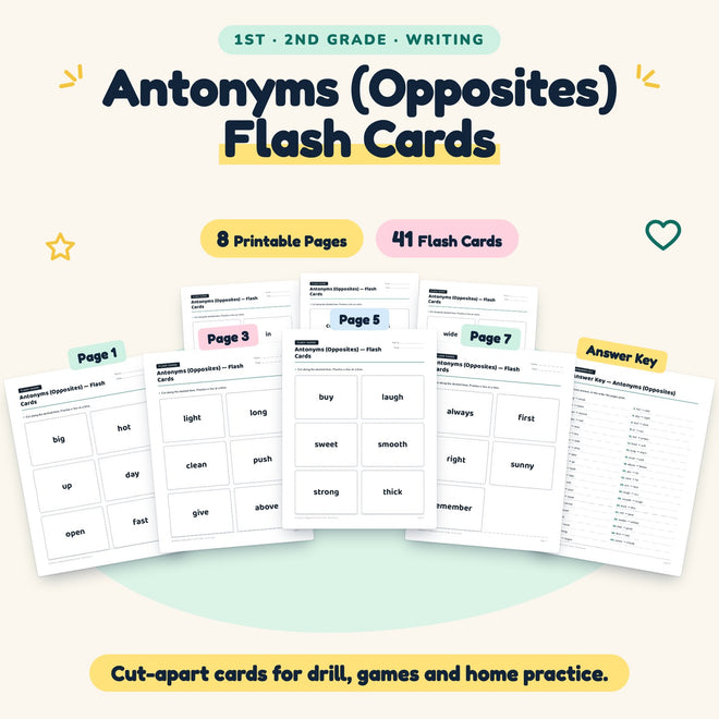 Antonyms (Opposites) Flash Cards | 1st–2nd Grade (18 Cards) — cover