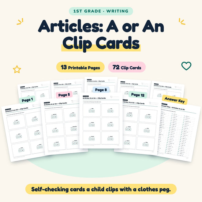 Articles: A or An Clip Cards | 1st Grade Grammar (40 Cards) — cover