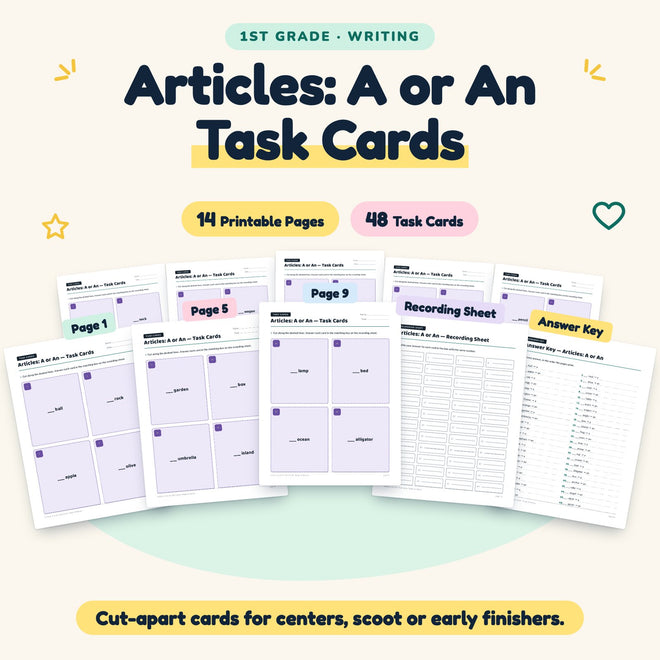 Articles: A or An Task Cards | 1st Grade Grammar (40 Cards) — cover