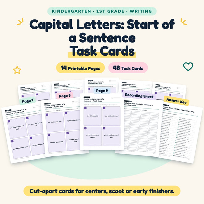 Capital Letters Task Cards | K–1st Grade Grammar (32 Cards) — cover