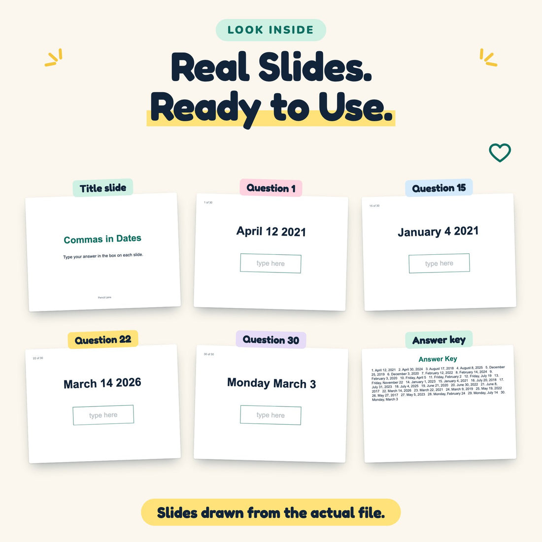 Commas in Dates digital deck: look inside