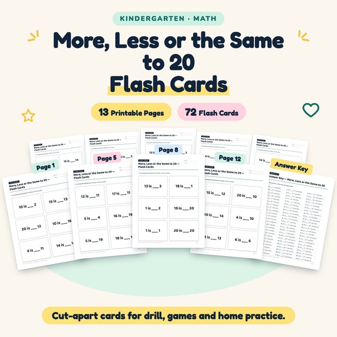More, Less or the Same to 20 Flash Cards | Kindergarten Math — cover