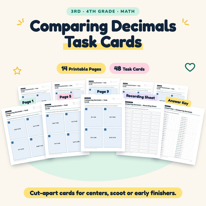 Comparing Decimals Task Cards | 3rd–4th Grade (48 Cards) — cover