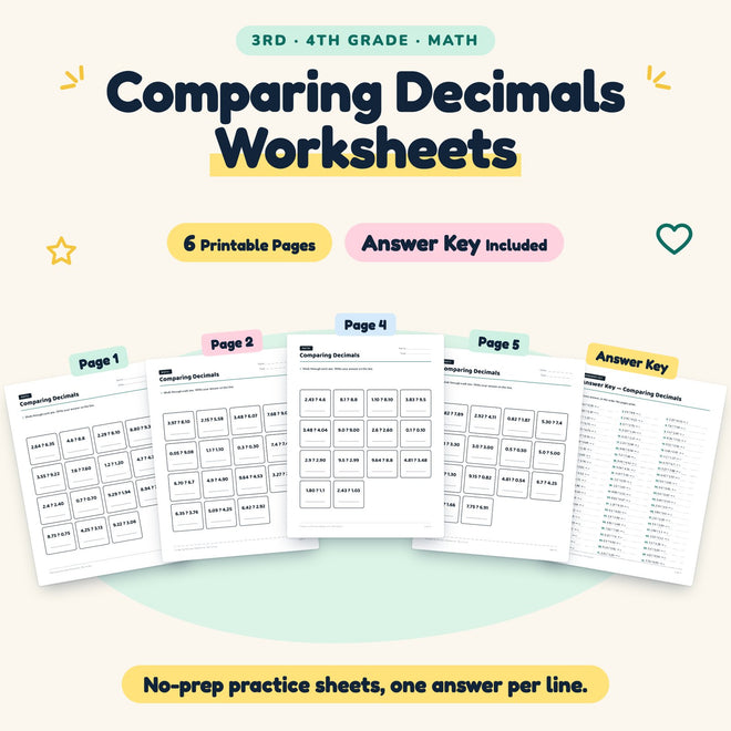 Comparing Decimals Worksheets | 3rd–4th Grade Math (6 Pages) — cover