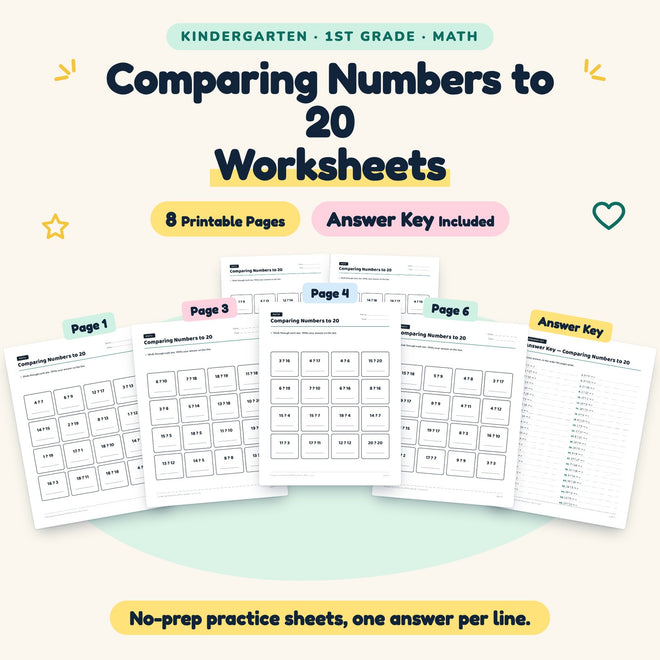 Comparing Numbers to 20 Worksheets | K–1st Grade (5 Pages) — cover