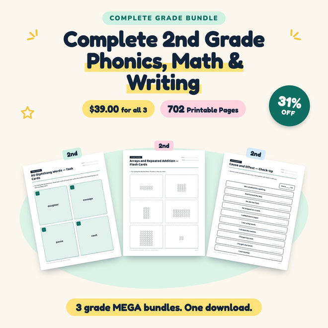 Complete 2nd Grade Bundle | Phonics, Math & Writing MEGAs — cover
