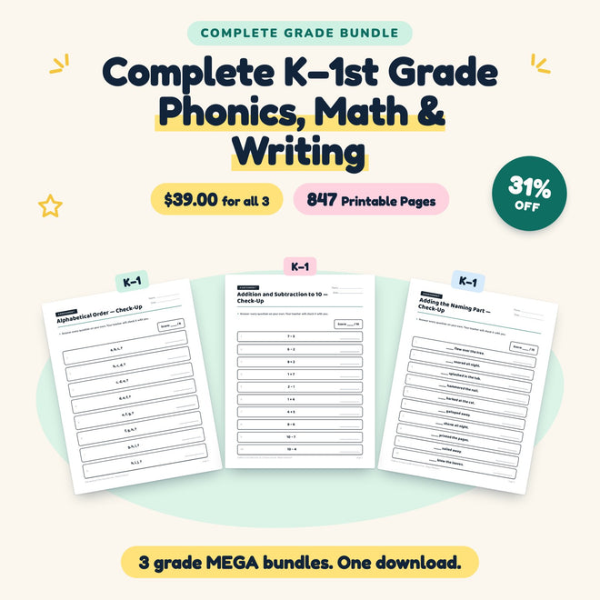Complete K–1st Grade Bundle | Phonics, Math & Writing MEGAs — cover