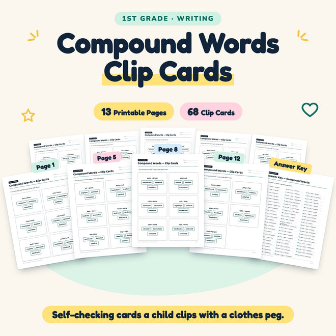Compound Words Clip Cards | 1st Grade Grammar (24 Cards) — cover