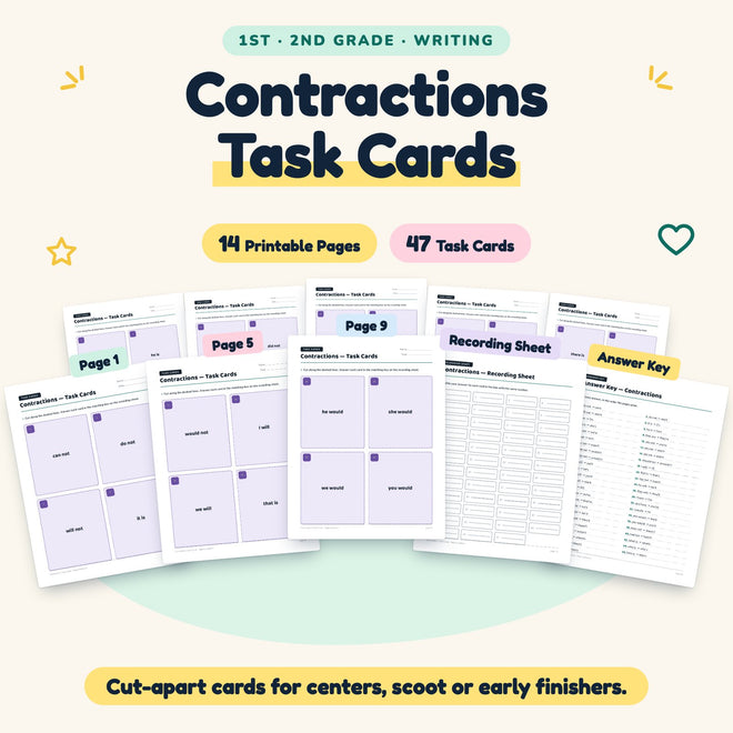 Contractions Task Cards | 1st–2nd Grade Grammar (22 Cards) — cover
