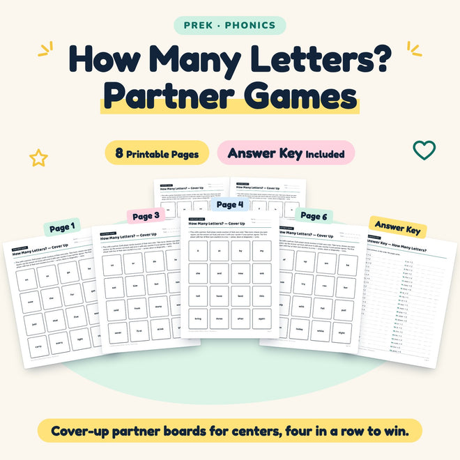 How Many Letters? Partner Games | Preschool (8 Pages) — cover