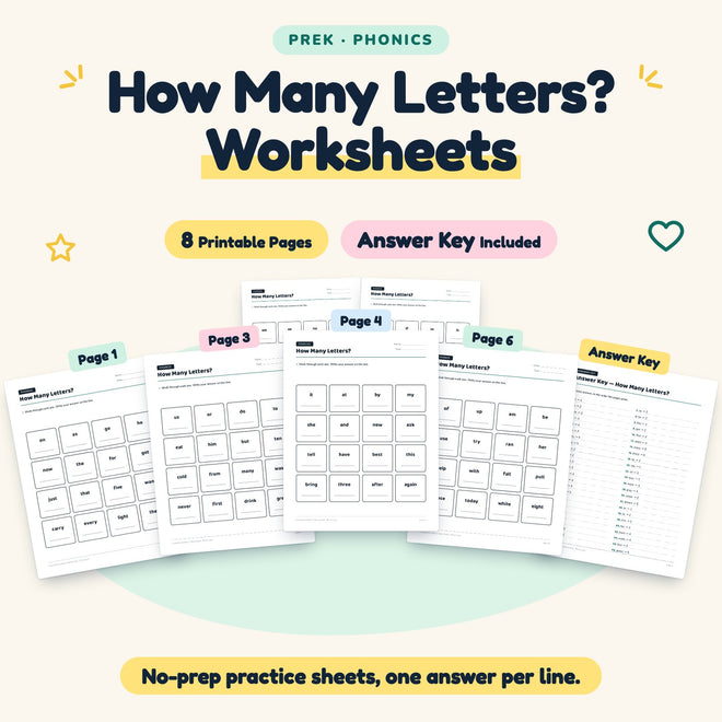 How Many Letters? Worksheets | Preschool Phonics (8 Pages) — cover
