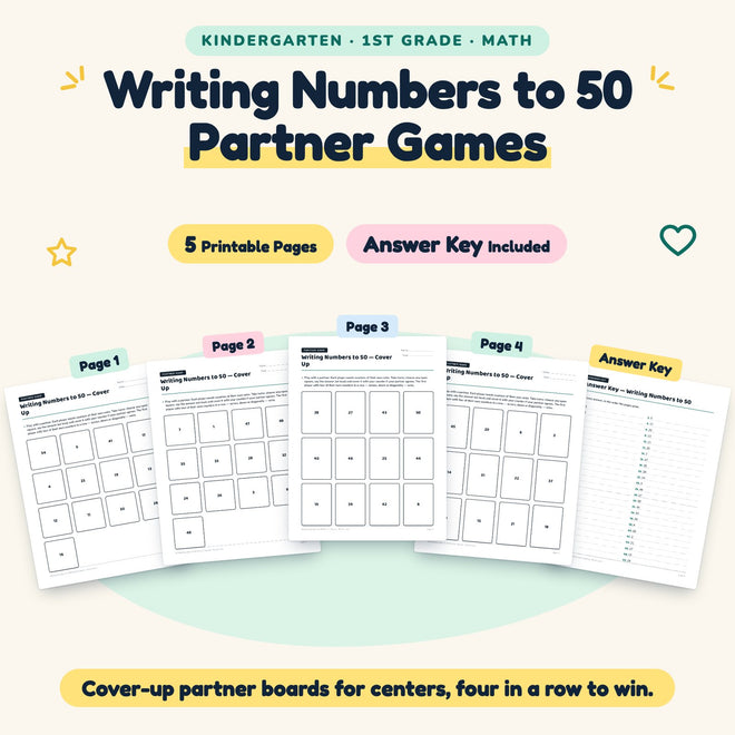 Writing Numbers to 50 Partner Games | K–1st Grade (5 Pages) — cover