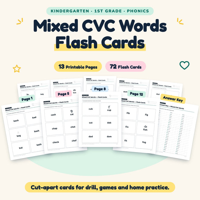 Mixed CVC Words Flash Cards | K–1st Grade Phonics (72 Cards) — cover