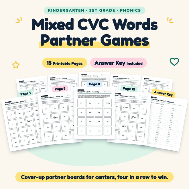 Mixed CVC Words Partner Games | K–1st Grade (14 Pages) — cover