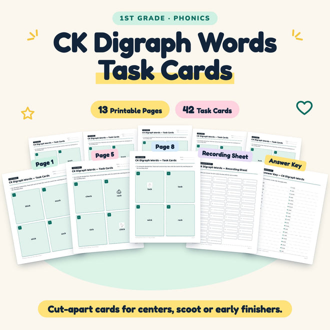 CK Digraph Words Task Cards | 1st Grade Phonics (14 Cards) — cover