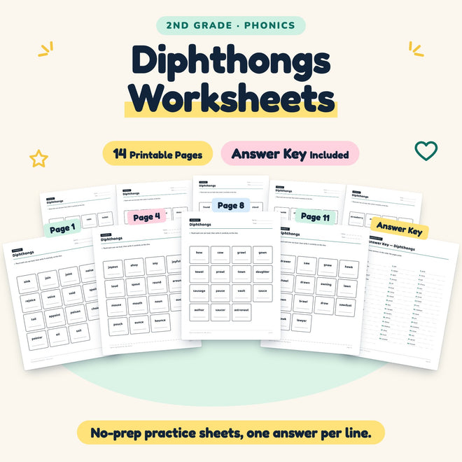 Diphthongs Worksheets | 2nd Grade Phonics (5 Pages) — cover