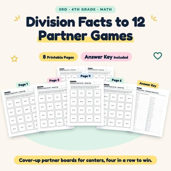 Division Facts to 12 Partner Games | 3rd–4th Grade (8 Pages) — cover
