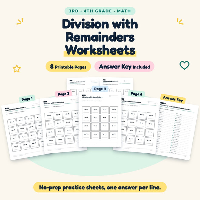 Division with Remainders Worksheets | 3rd–4th Grade Math — cover