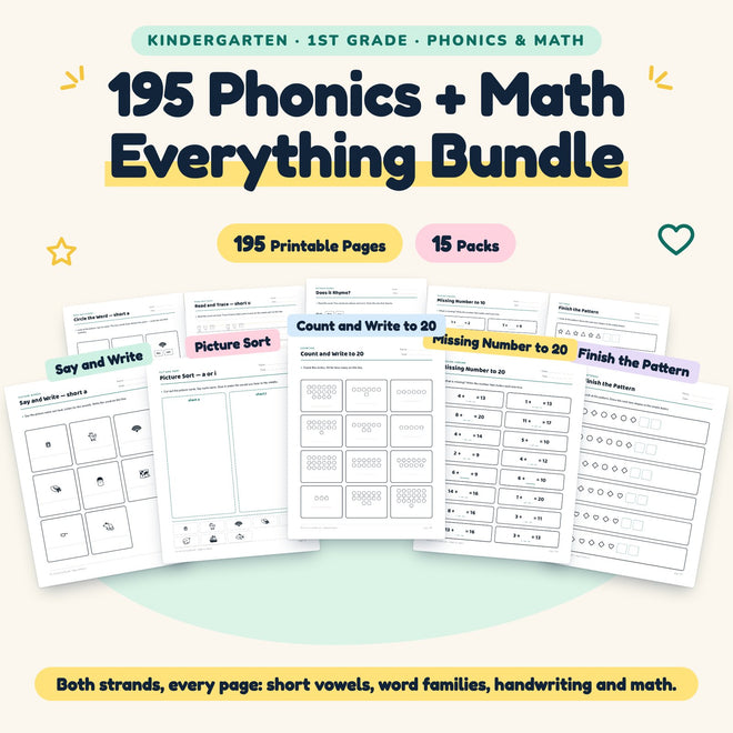 Phonics and Math Worksheets Bundle | K–1st Grade (195 Pages) — cover