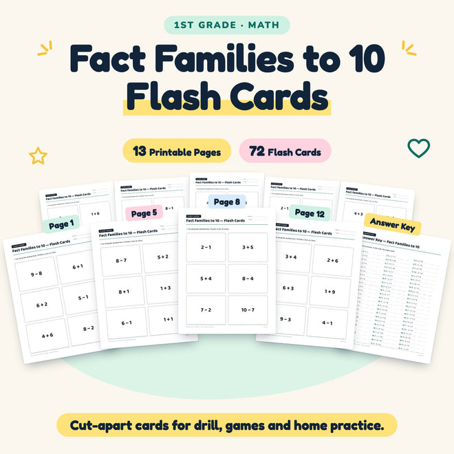 Fact Families to 10 Flash Cards | 1st Grade Math (72 Cards) — cover