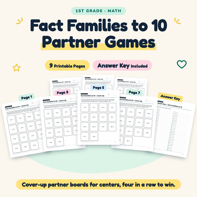 Fact Families to 10 Partner Games | 1st Grade Math (9 Pages) — cover
