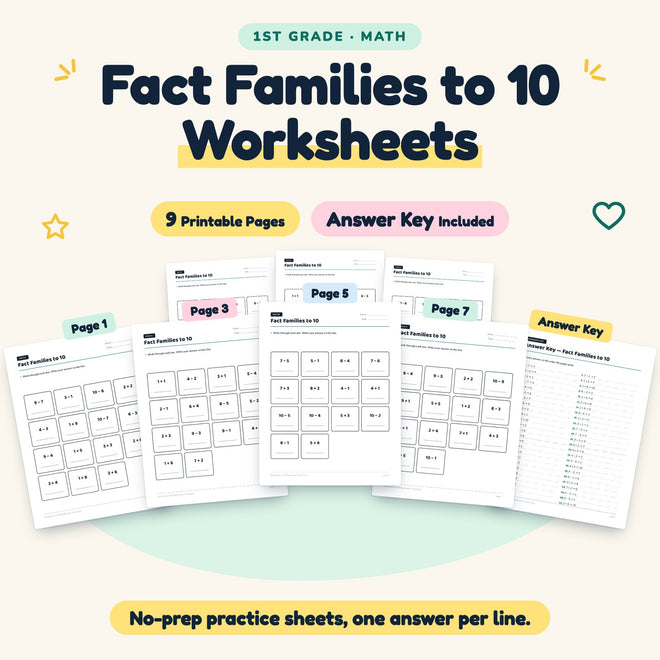 Fact Families to 10 Worksheets | 1st Grade Math (9 Pages) — cover
