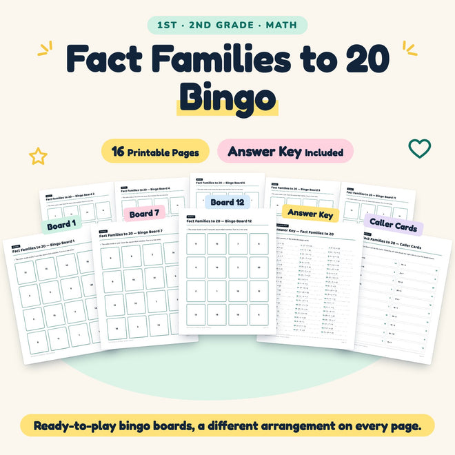 Fact Families to 20 Bingo | 1st–2nd Grade Math (16 Pages) — cover