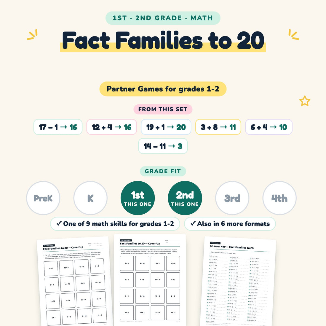 Fact Families to 20: skill and grade fit