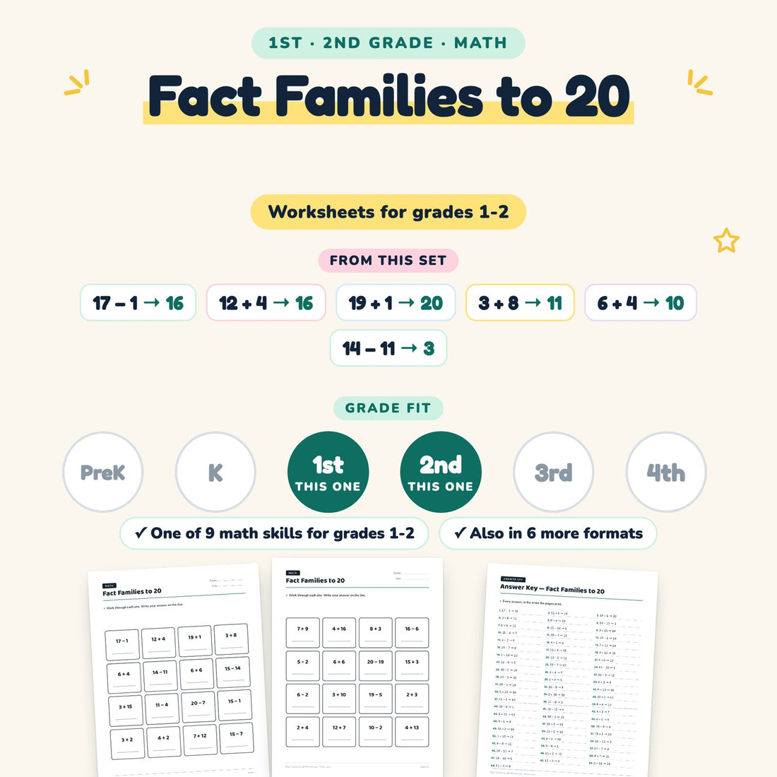 Fact Families to 20: skill and grade fit