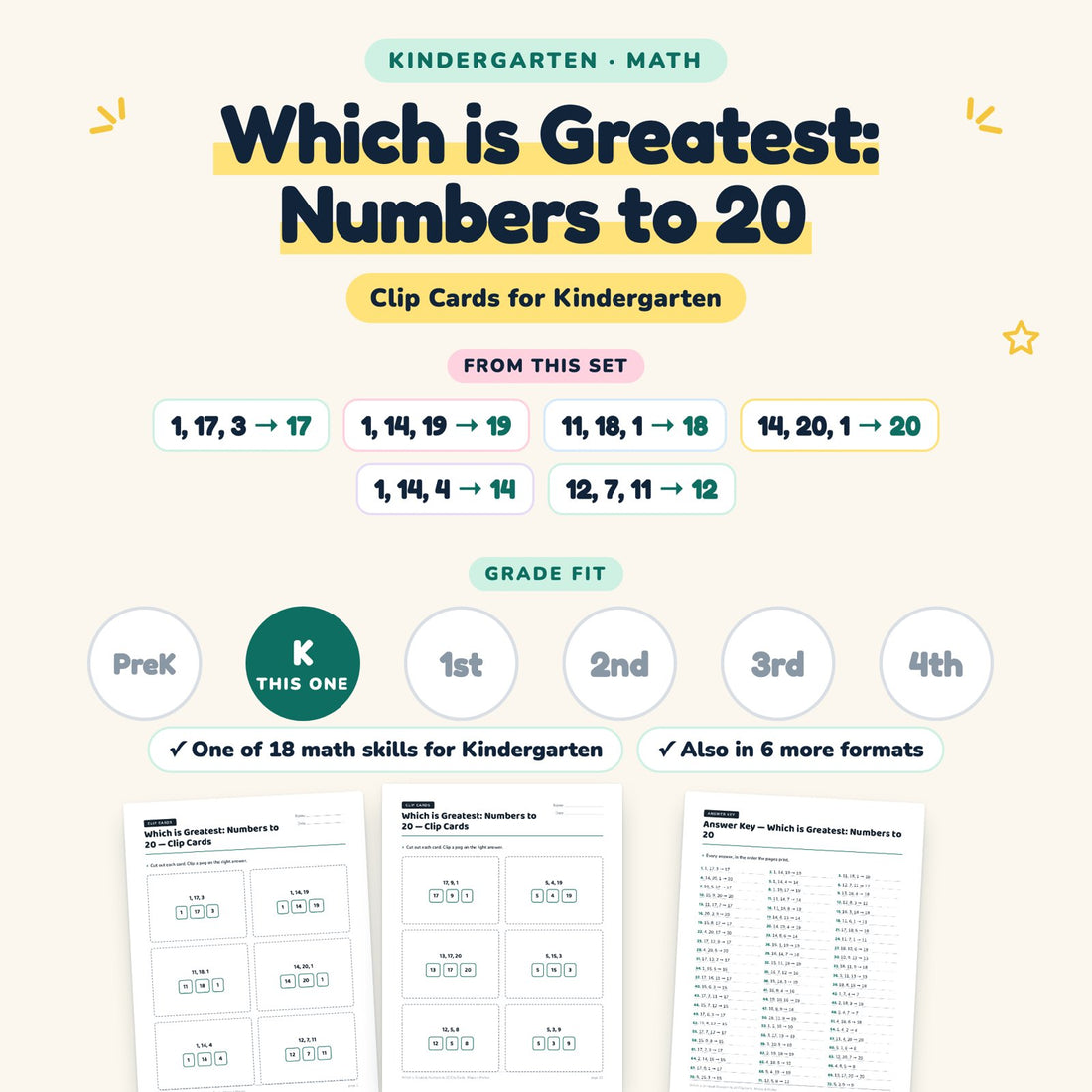 Which is Greatest: Numbers to 20: skill and grade fit