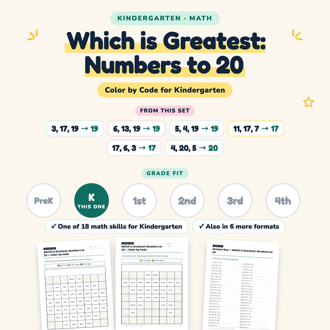 Which is Greatest: Numbers to 20: skill and grade fit