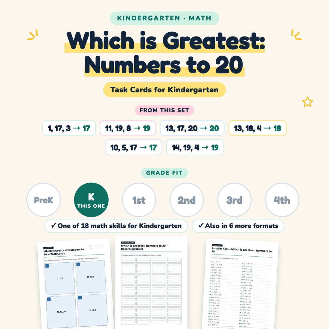 Which is Greatest: Numbers to 20: skill and grade fit