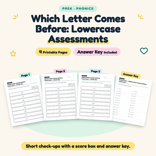 Which Letter Comes Before: Lowercase Assessments | Preschool — cover