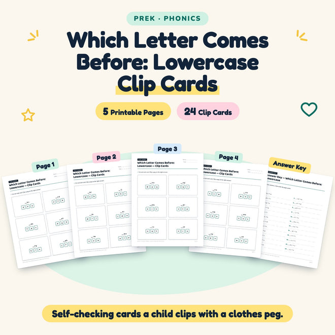 Which Letter Comes Before: Lowercase Clip Cards | Preschool — cover