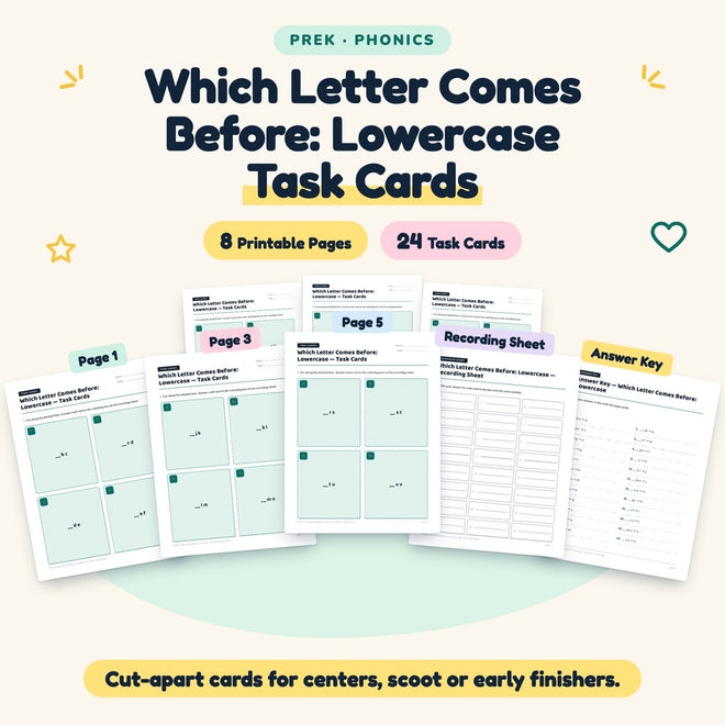 Which Letter Comes Before: Lowercase Task Cards | Preschool — cover
