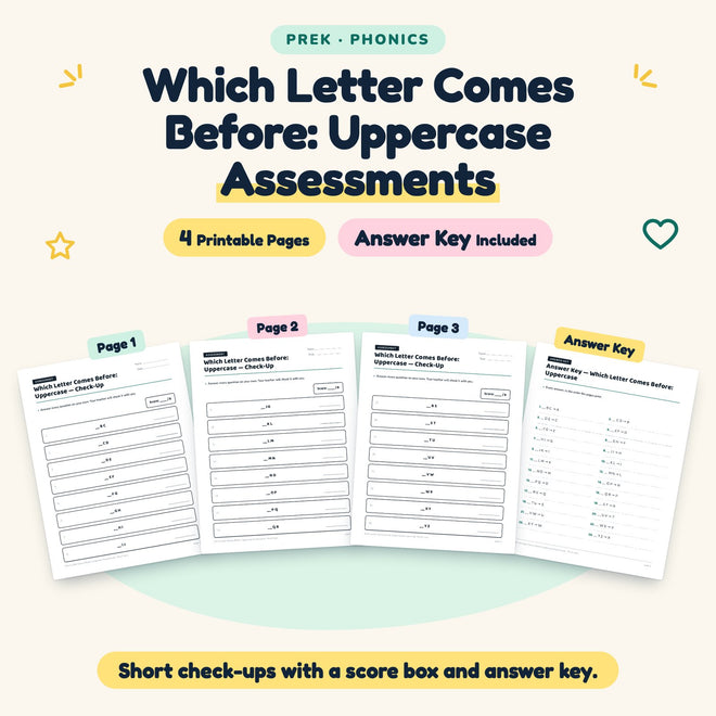 Which Letter Comes Before: Uppercase Assessments | Preschool — cover