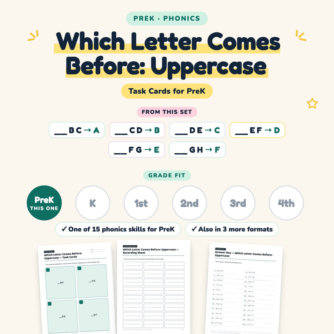 Which Letter Comes Before: Uppercase: skill and grade fit
