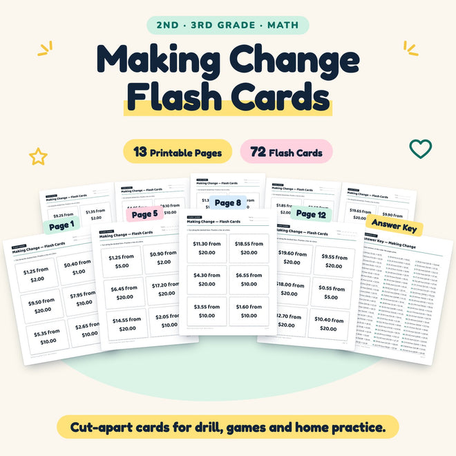 Making Change Flash Cards | 2nd–3rd Grade Math (72 Cards) — cover