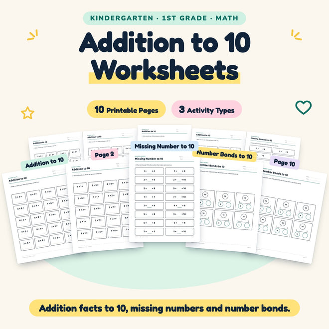 Addition to 10 Worksheets | K–1st Grade Math (10 Pages) — cover