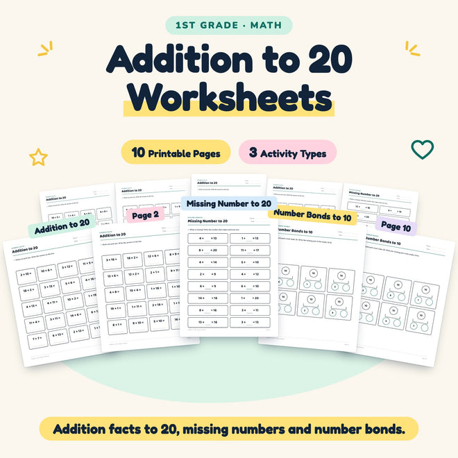 Addition to 20 Worksheets | 1st Grade Math (10 Pages) — cover
