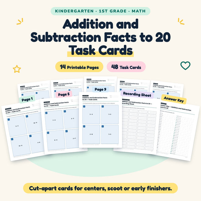 Addition and Subtraction Facts to 20 Task Cards | K–1st Grade — cover