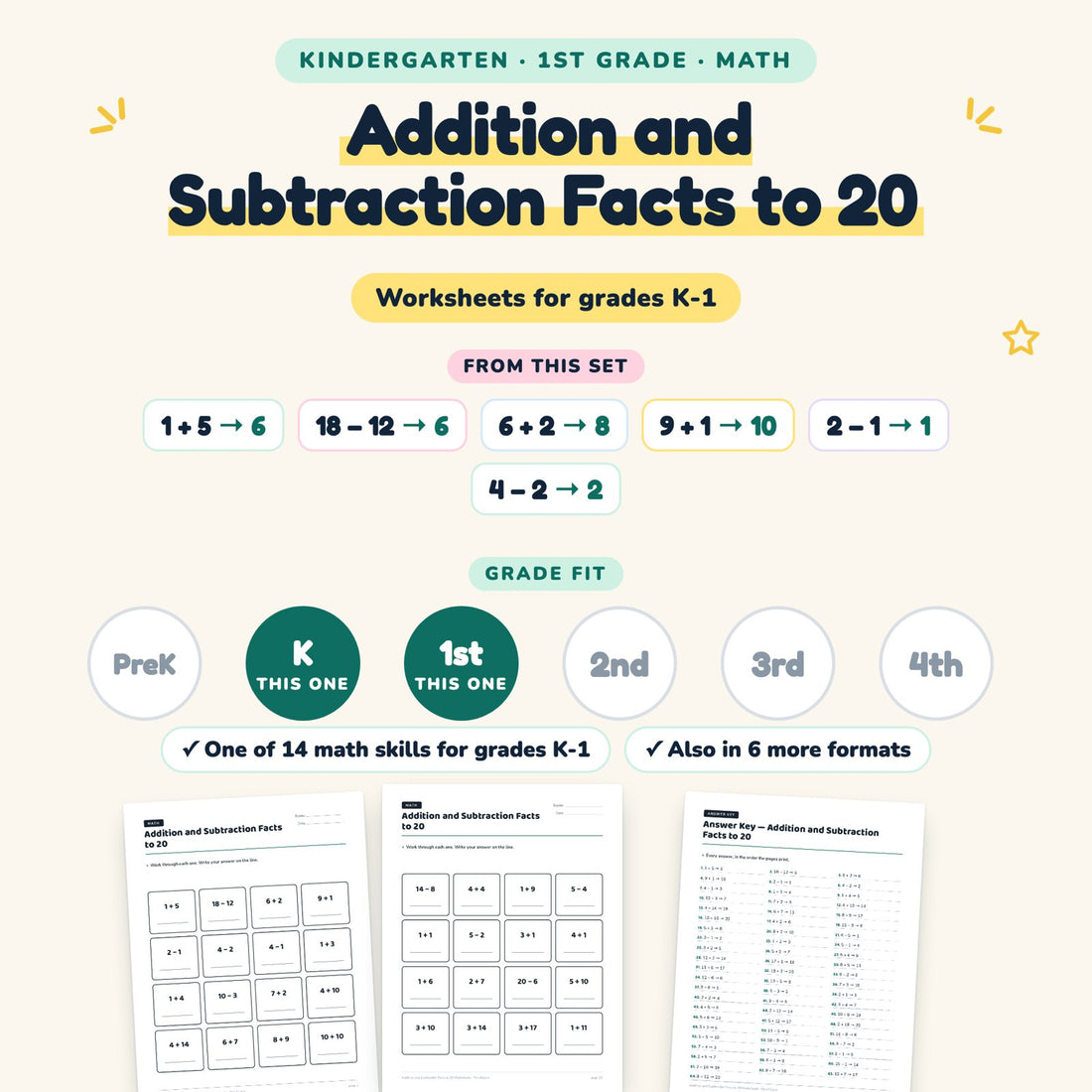 Addition and Subtraction Facts to 20: skill and grade fit