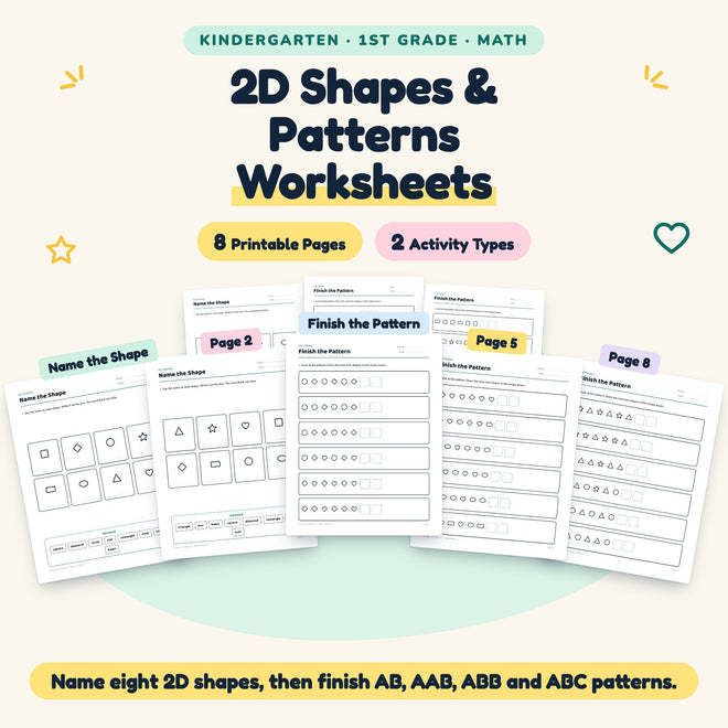 2D Shapes and Patterns Worksheets | K–1st Grade (8 Pages) — cover